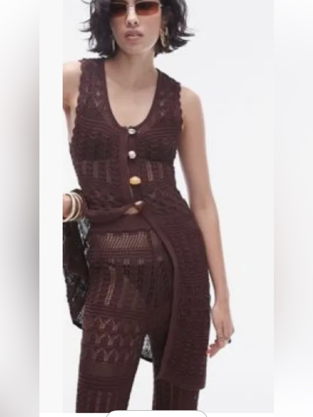 Topshop knit longline beaded beach vest in chocolate, size small